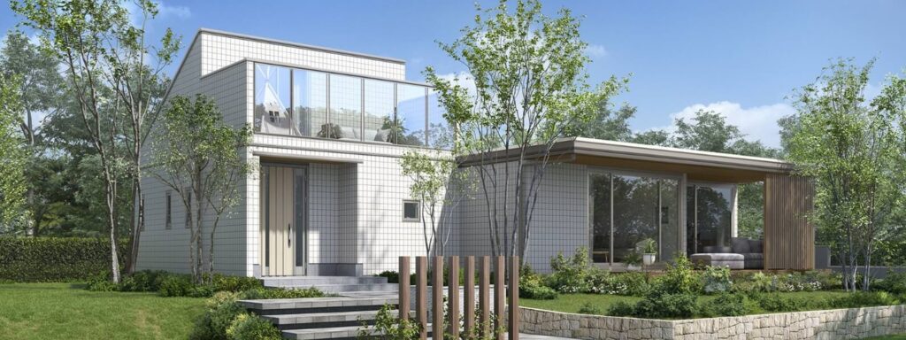 緑に囲まれたモダンな平屋住宅外観